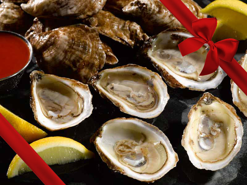 Opened Pink Moon Oysters on Dark Background with Lemon Wedges and Hot Sauce with Gift Bow Graphic on Top Right