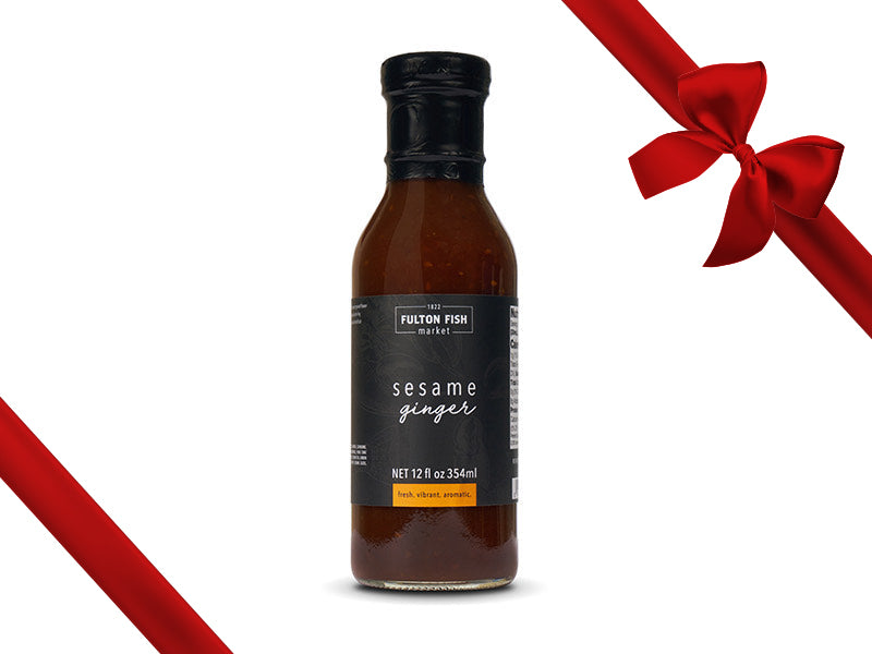Fulton Fish Market Sesame Ginger Marinade Bottle on White Background with Gift Bow Graphic on Top Right
