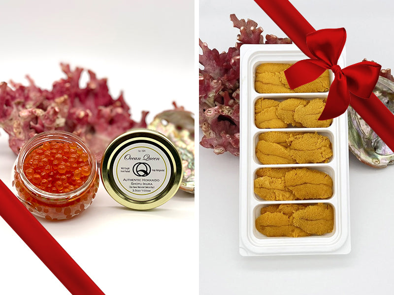 Wild West Coast Uni & Hokkaido Shoyu Ikura Bundle with Gift Bow Graphic on Top Right