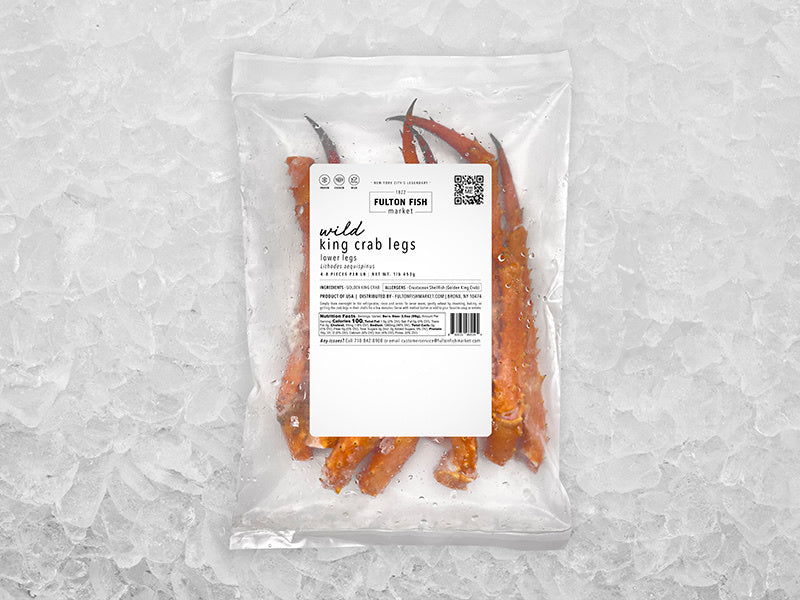 Wild Golden King Crab lower legs in package on ice