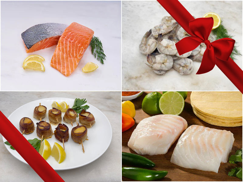Salmon Portions, Peeled Shrimp, Bacon-Wrapped Scallops, Cod Portions with Gift Bow Graphic on Top Right