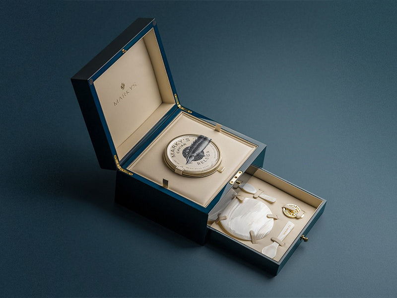 American Beluga 00 Caviar Presentation Box Opened with Mother of Pearl Plate and Spoons and Tin Opener