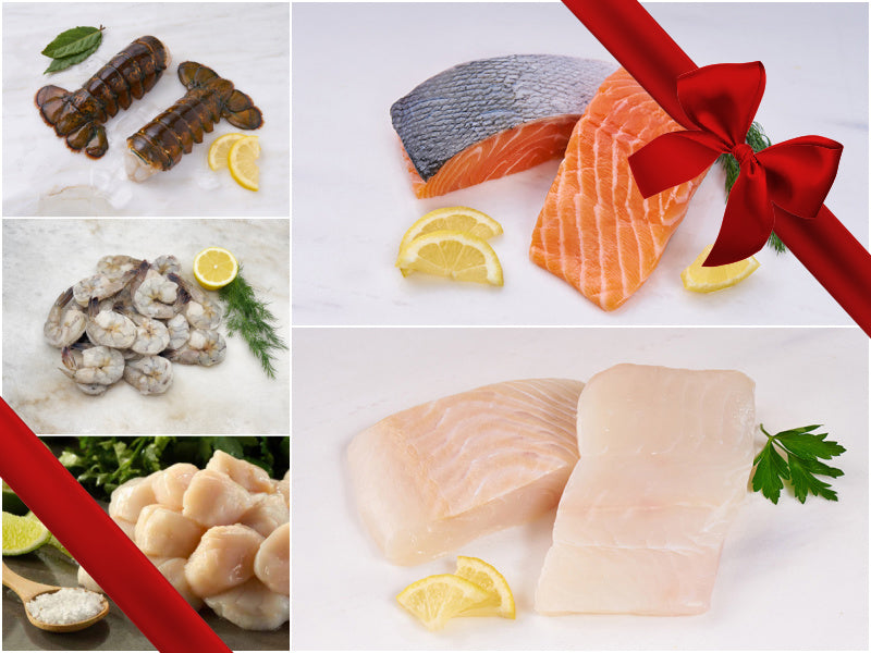 New Year's Eve Seafood Bundle Collage with Gift Bow Graphic on Top Right