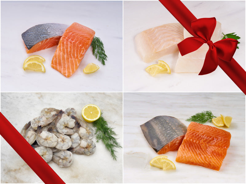 Katie's "Reel" Healthy Seafood Bundle Collage with Gift Bow Graphic on Top Right