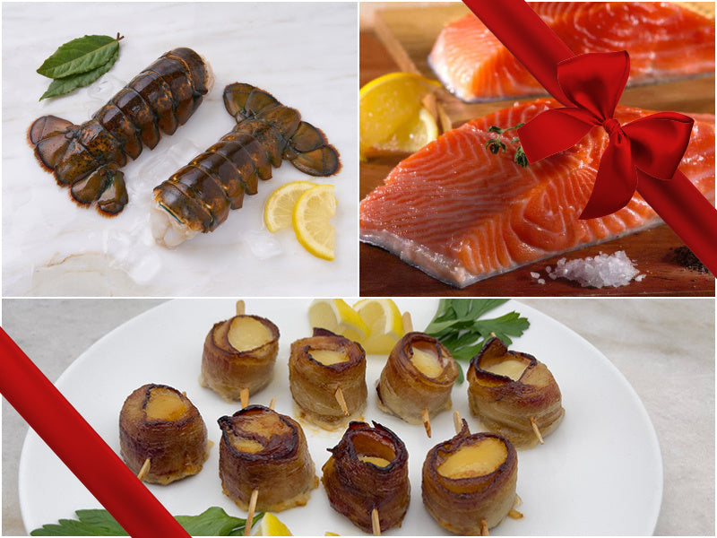 Katie's Dinner for Two Seafood Bundle Collage with Gift Bow Graphic on Top Right
