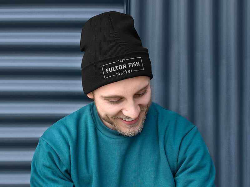 Black Beanie with Fulton Fish Market Logo on man