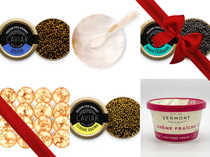 Deluxe Sturgeon Caviar Bundle Collage with Gift Ribbon