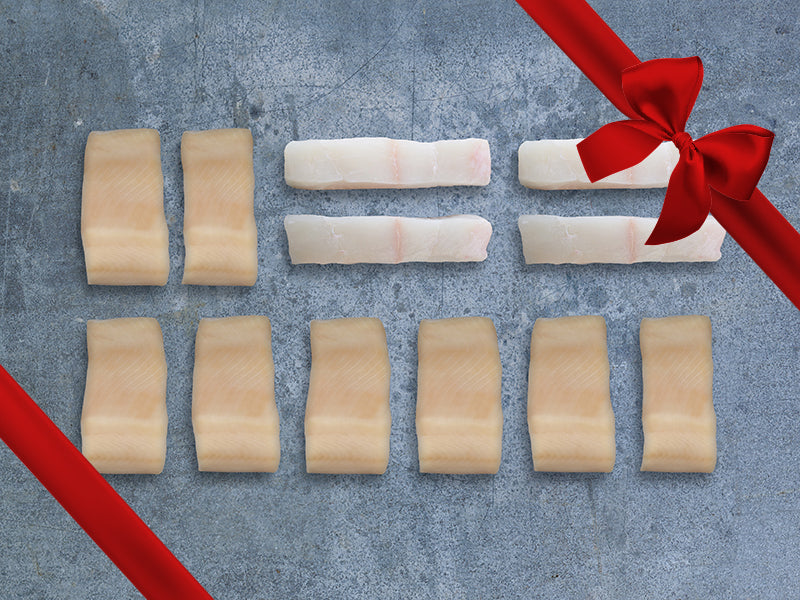 Wild Alaska Black Cod Portions and Wild Pacific Halibut Portions with Gift Bow Graphic on Top Right