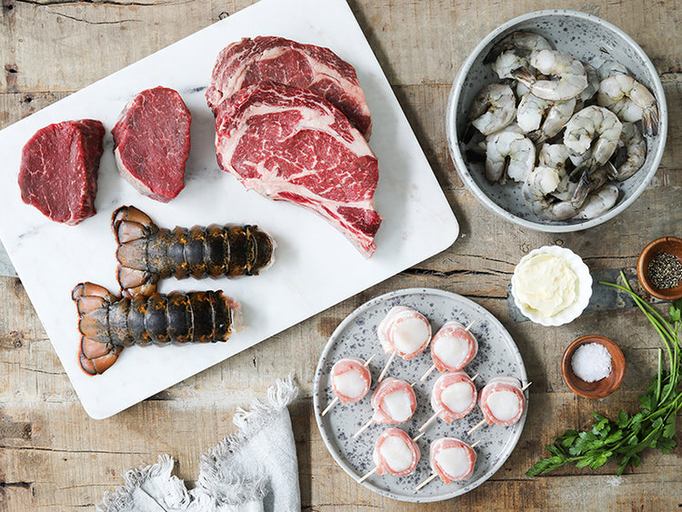 Deluxe Surf & Turf Bundle with Bacon-Wrapped Scallops, Shrimp, Lobster Tails, Filet Mignon, and Ribeye Steaks
