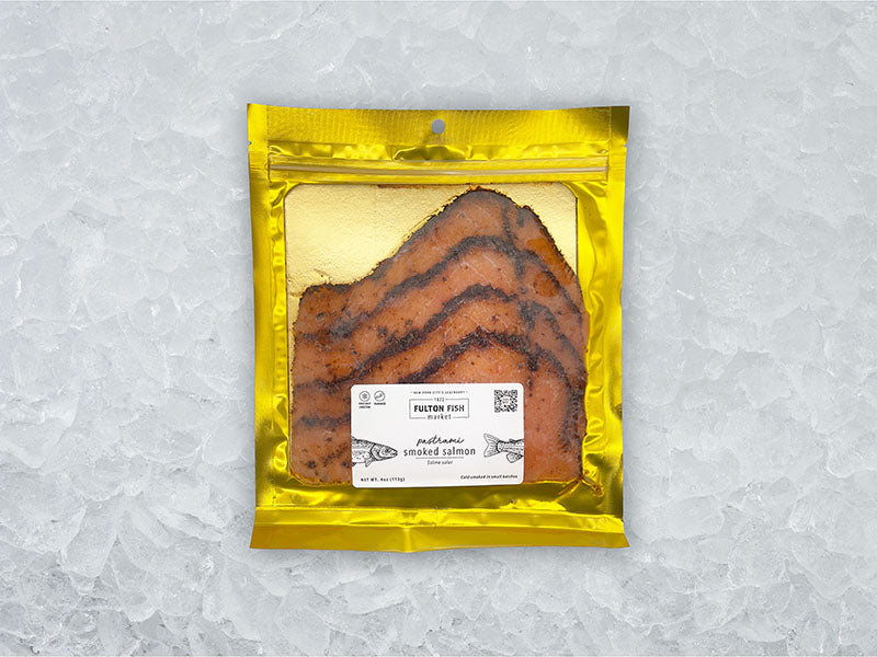 Pastrami Smoked Salmon Front of Package on Ice