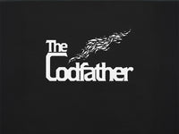 Close up of The Codfather Black Unisex T-Shirt with white lettering