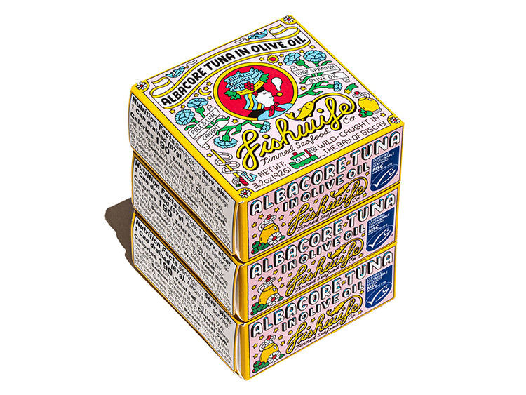 Three stacked boxes of Fishwife Albacore Tuna in Olive Oil on white background