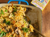 Close up of Tuna Noodle Casserole made with Fishwife Albacore Tuna with Spanish Lemon