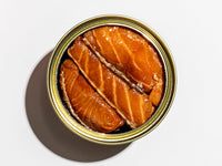 Close Up of Fishwife Smoked Salmon Open Tin on White Background