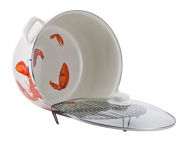 Golden Rabbit Enamelware Lobster Stock Pot on Side Showing Inside of Pot with Steamer Rack and Lid Next to It