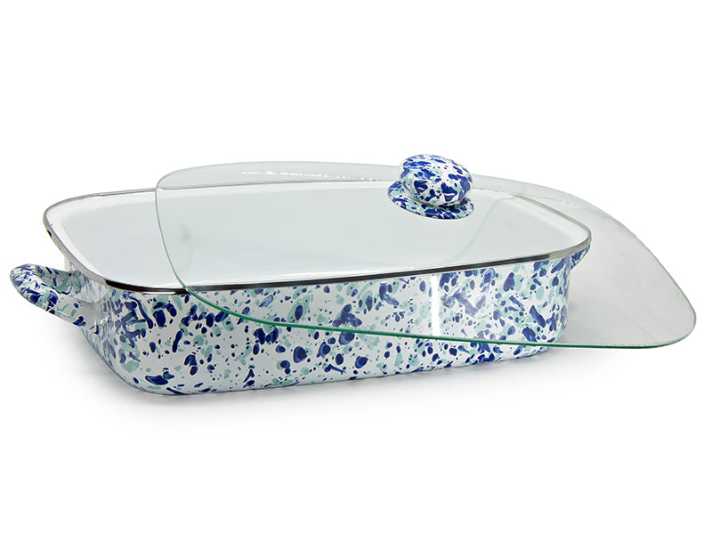 Golden Rabbit Enamelware Ocean Swirl Roasting Pan and Lid Off