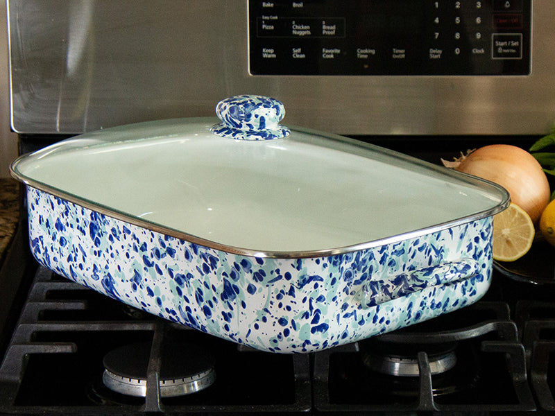 Golden Rabbit Enamelware Ocean Swirl Roasting Pan on Stove