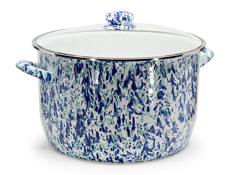 Golden Rabbit Enamelware Ocean Swirl Stock Pot with Lid on White Background