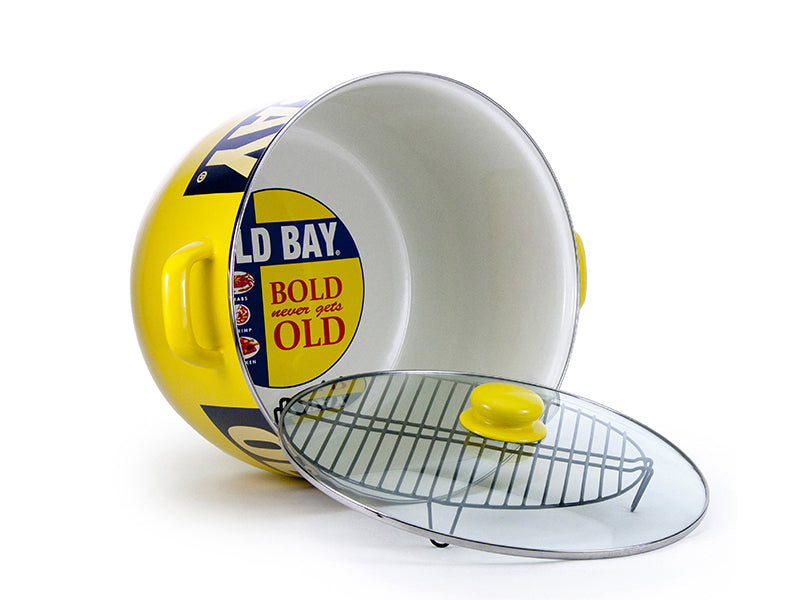 Golden Rabbit Enamelware Old Bay Stock Pot on Side Showing Inside of Pot with Steamer Rack and Lid Next to It