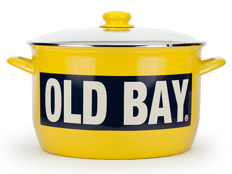 Golden Rabbit Enamelware Old Bay Stock Pot with Lid on White Background
