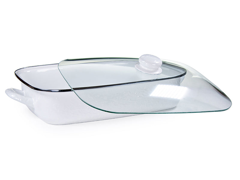 Golden Rabbit Enamelware White Solid Roasting Pan with Lid Off