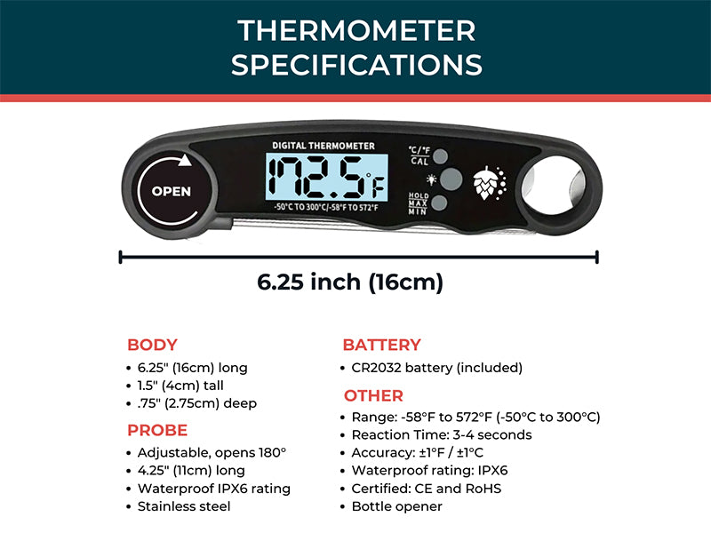 Digital Food Thermometer with Specifications on a White Background