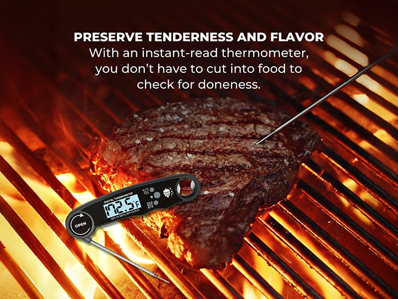 Grilled steak on a grill with instant-read food thermometer