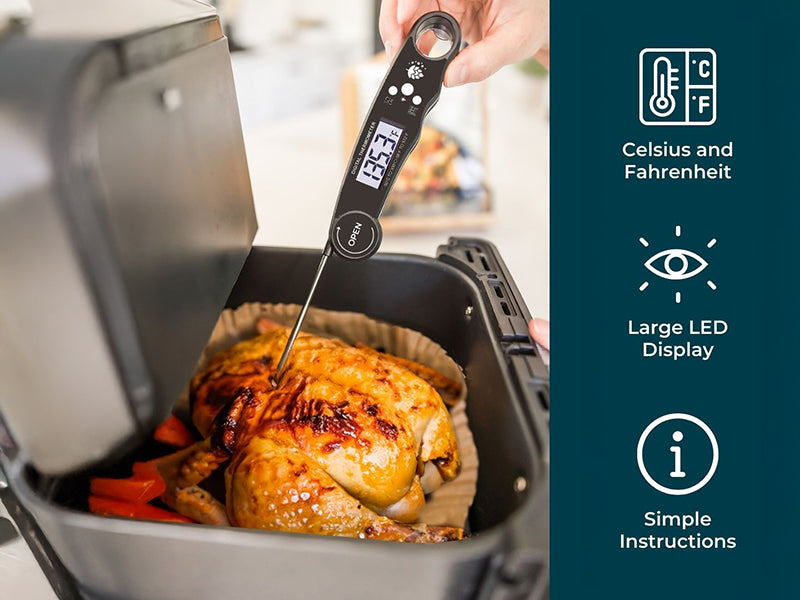 Digital food thermometer inserted into a roasted chicken in an air fryer with product features listed on the side.