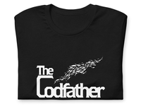 Up close front of the Codfather of the Bronx Black Unisex T-Shirt with white lettering