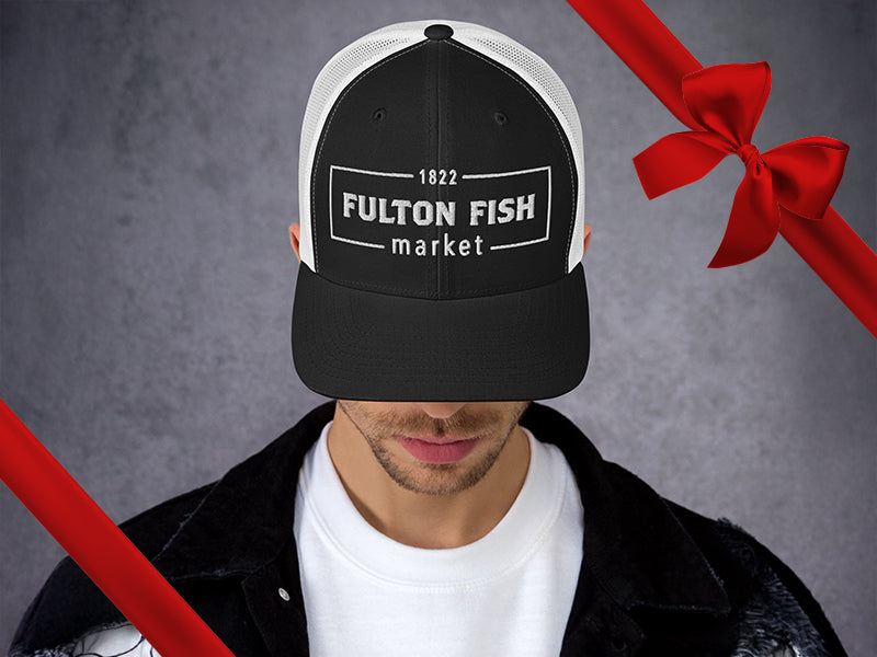 Fulton Fish Market Black & White Trucker Hat with Gift Bow Graphic on Top Right