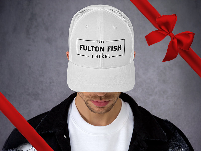 Fulton Fish Market White Trucker Hat Front with Gift Bow Graphic on Top Right