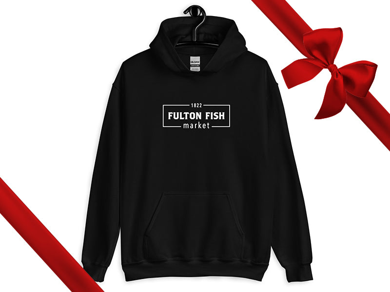 Fulton Fish Market Black Hoodie Sweatshirt with Gift Bow Graphic on Top Right