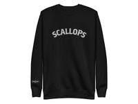 Black sweatshirt with 'SCALLOPS' text on a white background