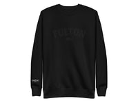 Black sweatshirt with 'Fulton' branding on a white background