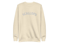 Beige sweatshirt with 'SCALLOPS' text on a white background