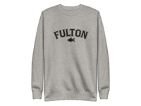 Gray sweatshirt with 'FULTON' text on a white background