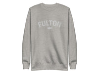 Gray sweatshirt with 'FULTON' text on a white background