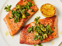Seared Alaska Salmon with Green Olive Salsa Verde