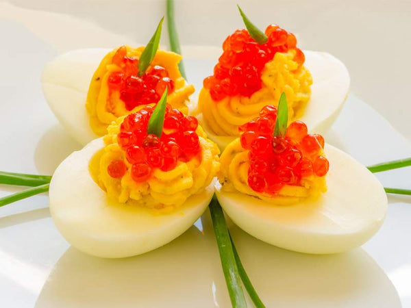 Deviled Eggs with Salmon Caviar and Roasted Garlic Recipe