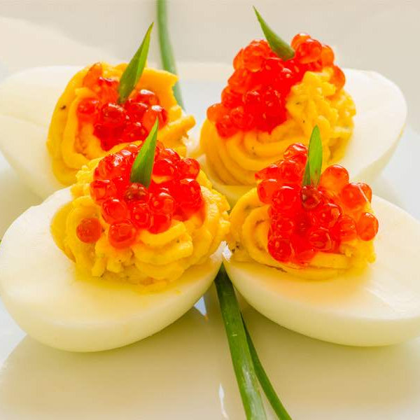 Deviled Eggs with Salmon Caviar and Roasted Garlic Recipe