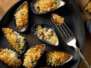 Broiled Mussels with Garlic Herb Bread Crumbs