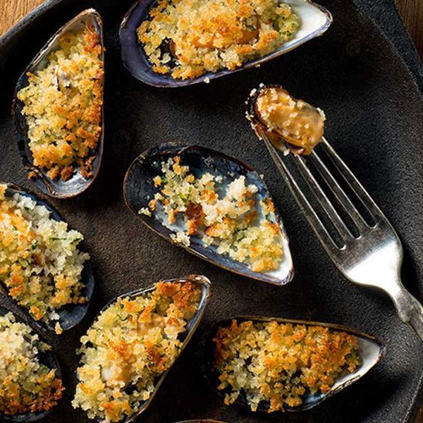 Broiled Mussels with Garlic Herb Bread Crumbs