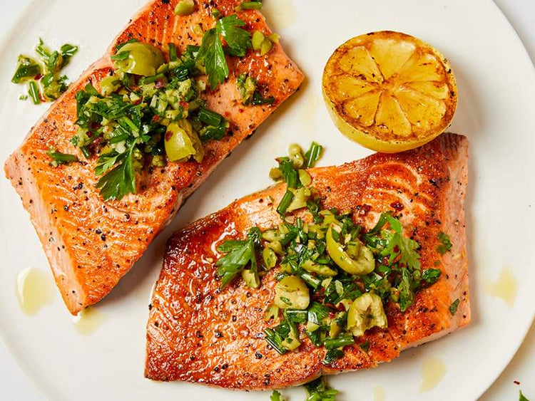 Seared Alaska Salmon with Green Olive Salsa Verde
