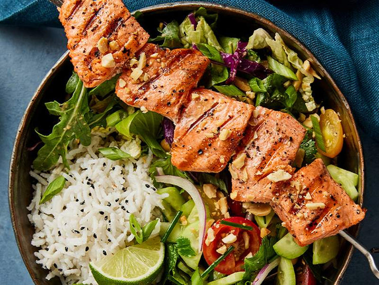Char-Grilled Alaska Salmon Rice Bowl with Peanut Sauce