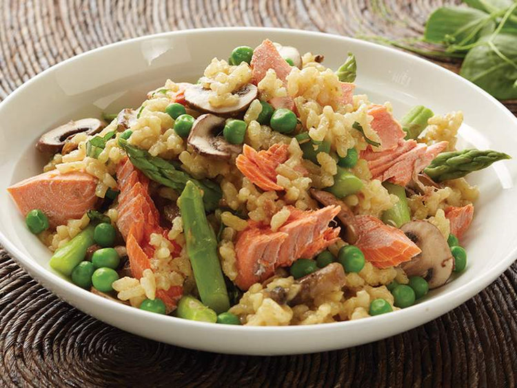 Salmon Risotto with Peas, Asparagus and Mushrooms