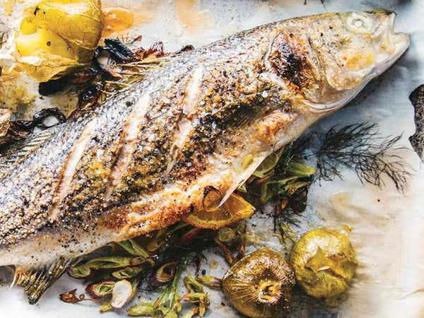 Whole Roasted Branzino with Roasted Tomatillos, Garlic and Herbs