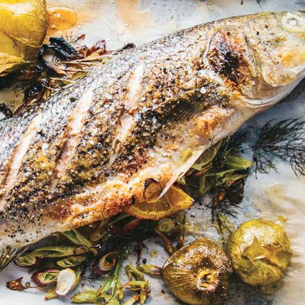 Whole Roasted Branzino with Roasted Tomatillos, Garlic and Herbs