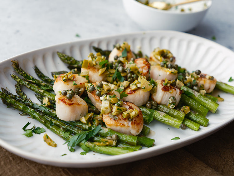 Seared Scallops with Citrus Olive Relish and Asparagus