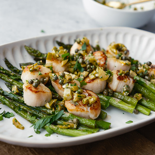 Seared Scallops with Citrus Olive Relish and Asparagus