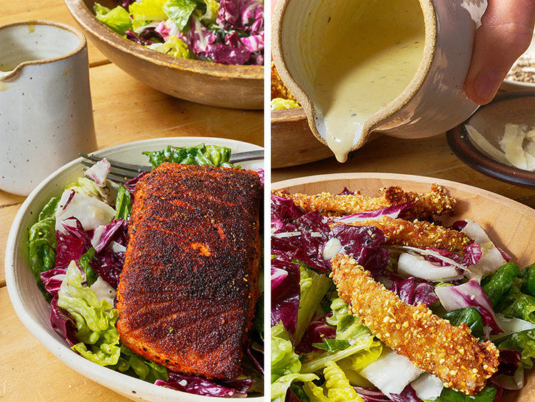 Caesar salad with Blackened Salmon & with Fried Anchovies